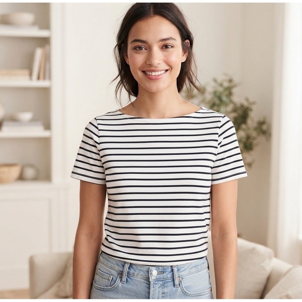 J.Crew Womens XS Striped Boatneck T-Shirt Ivory black stripe Short Sleeve Top